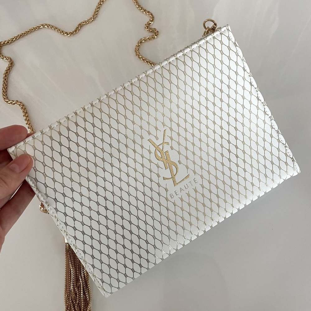 YSL Yves Saint Lauren White bag purse gold chain tassel rare logo beauty - Picture 5 of 6